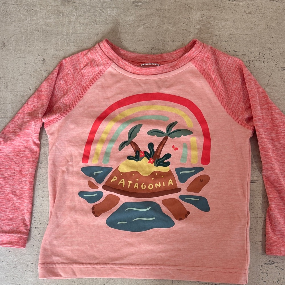 Patagonia Cool Capilene Pink Long Sleeve Tee with Rainbow Island Graphic